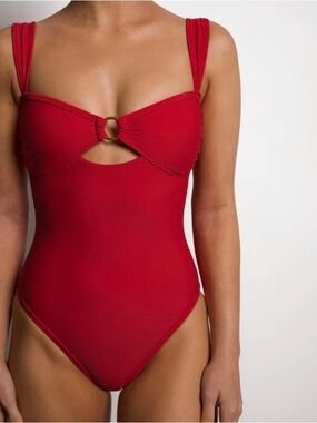 Classic Red One-Piece Swimsuit with Front Ring Detail
